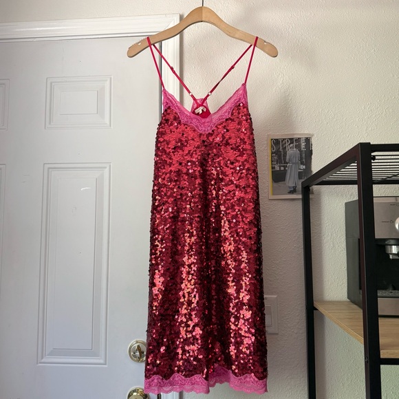 LOVE STORIES Anthropologie pink red sequin sleeveless mini dress - Picture 1 of 7